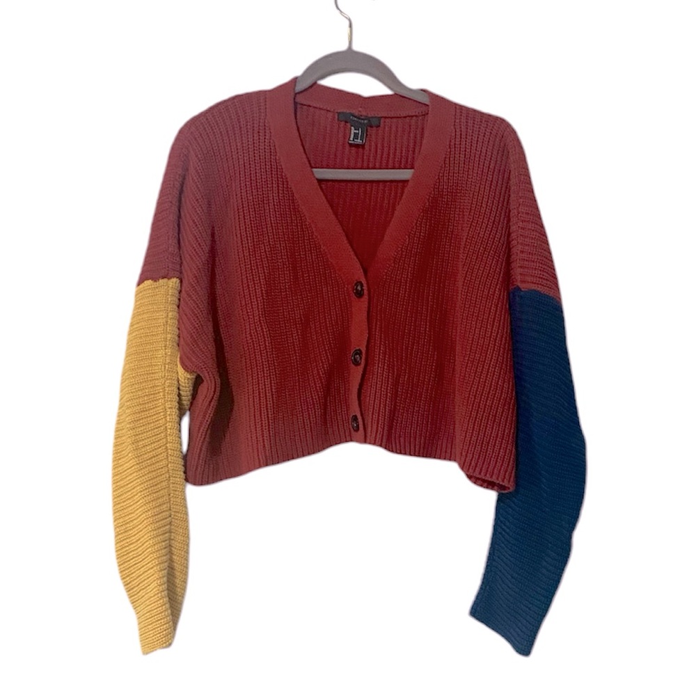Colorblock Muticolor Crop Cardigan Sweater Burgundy Blue Yellow Large Forever21